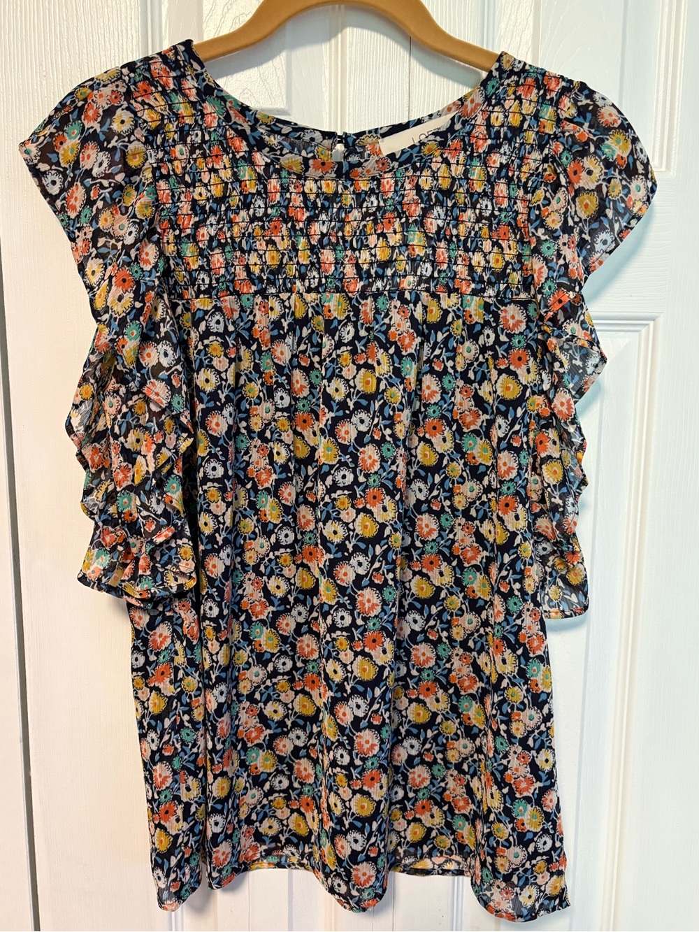 Loft Multi Colored Floral Ruffle Sleeve Blouse